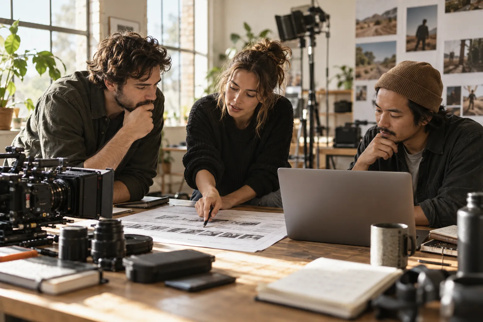 Three filmmakers reviewing a shoot schedule around a studio table