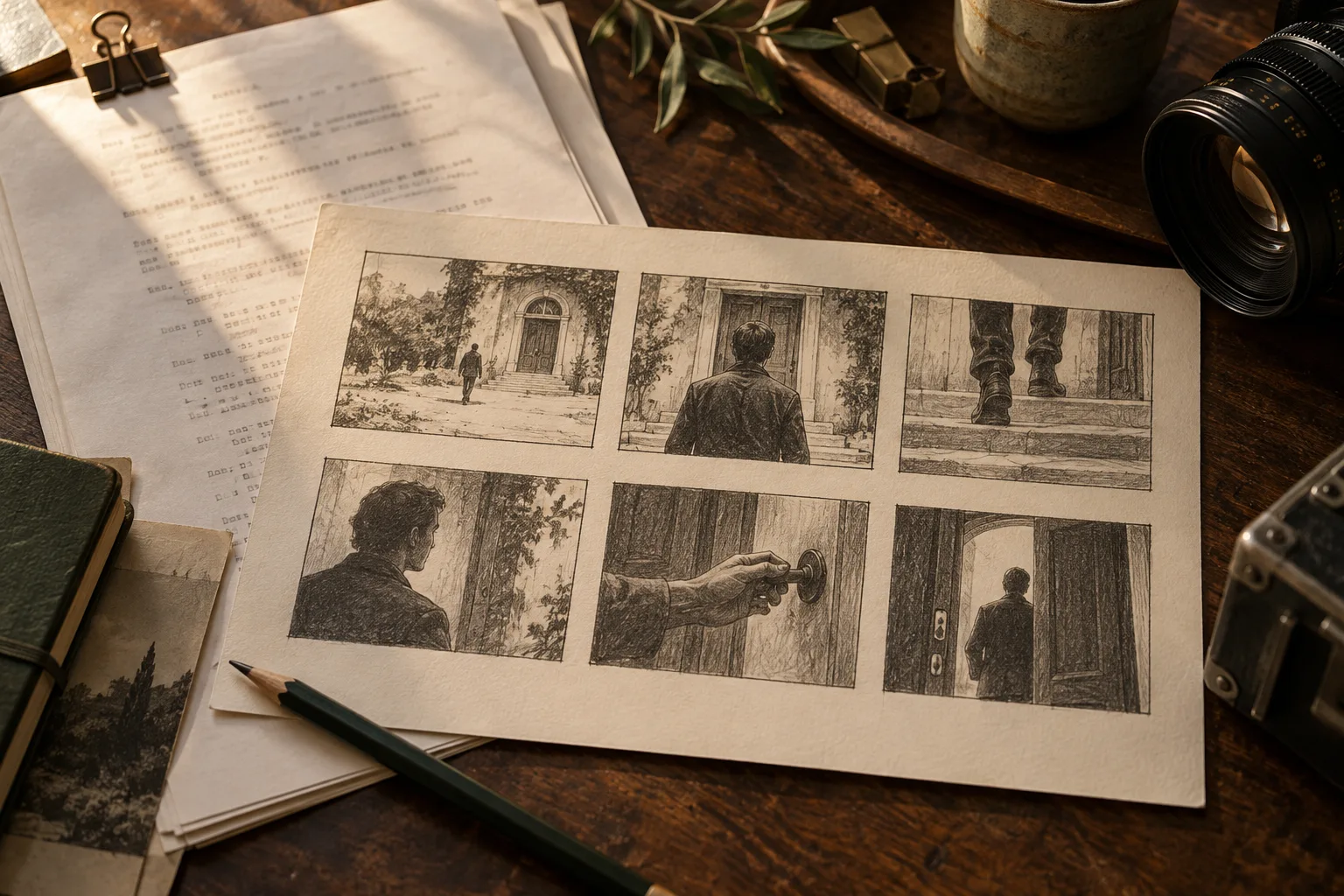 Pencil storyboard panels and a screenplay laid out on a director’s desk
